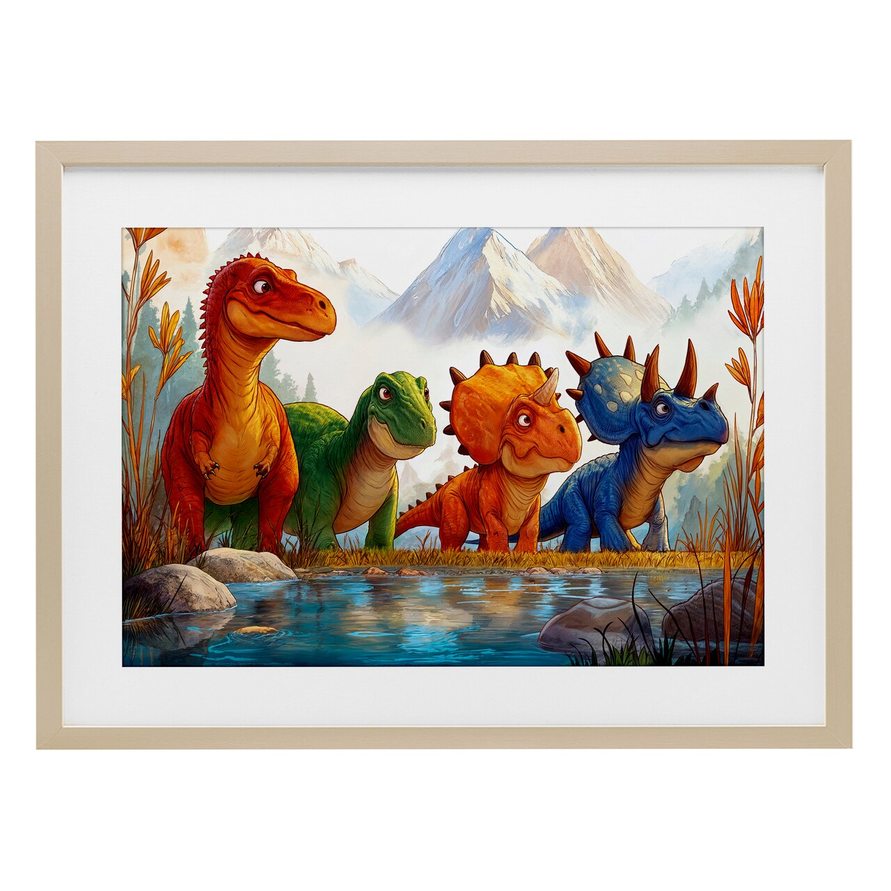 Stupell Industries Four Dinos By The Pond Framed Print Under Glass, design by Wumples